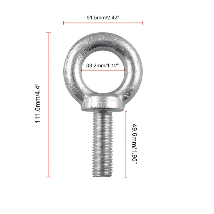 Silver lifting eye bolt with threaded shank, with size measurements