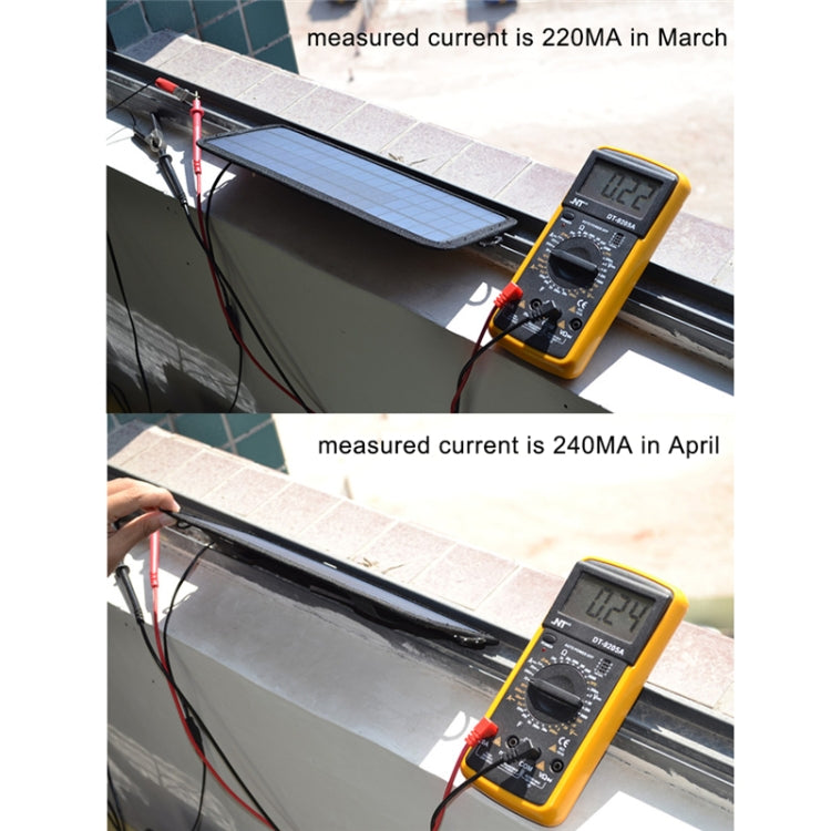 Solar battery charger connected to a digital multimeter for current measurement