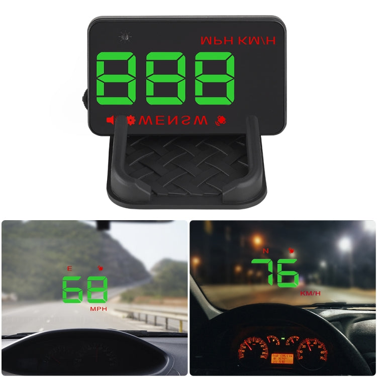 Car head-up display showing green digital speed readout on the unit and vehicle