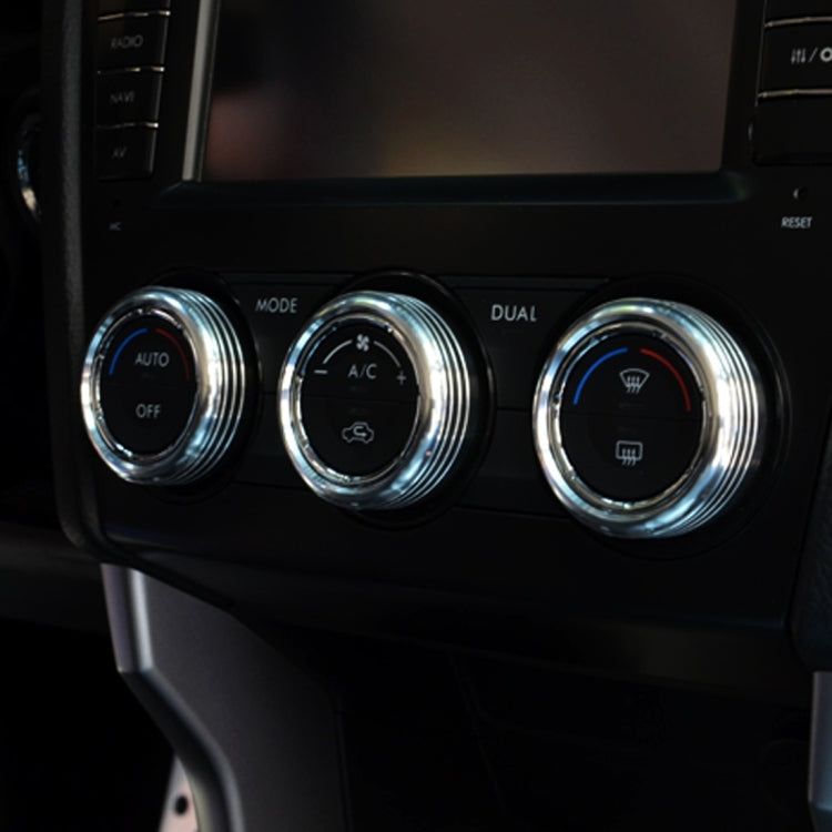 Air conditioner knob trim rings, silver aluminum with blue indicator accents (three knobs)