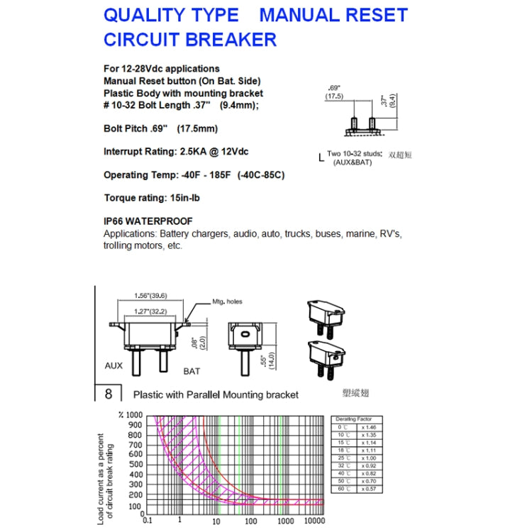 Manual reset circuit breaker specifications diagram with wiring and dimensions