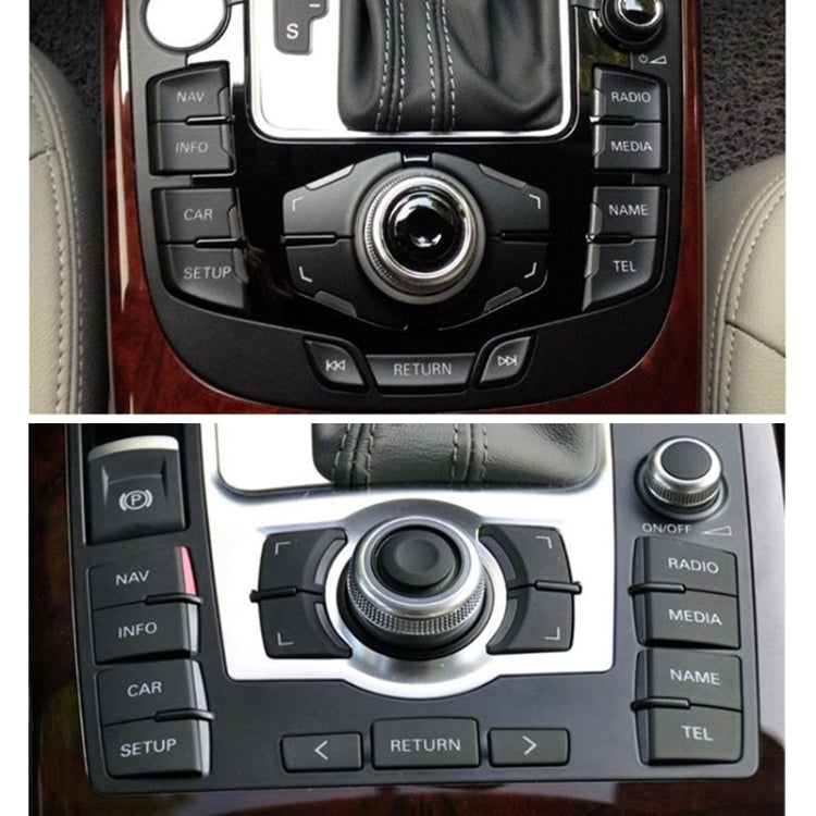 Car infotainment control panel with rotary knob and media, nav, phone buttons