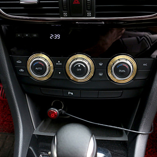 Car AC control knob trim set with gold rings, 3-piece dashboard accessory