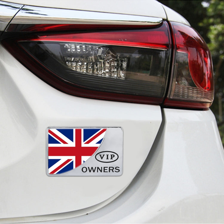 UK flag 'VIP Owners' rectangular metal car sticker with silver border