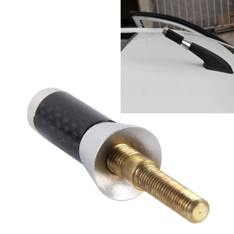 Short car antenna with carbon-fiber sleeve, silver base, and gold threaded screw