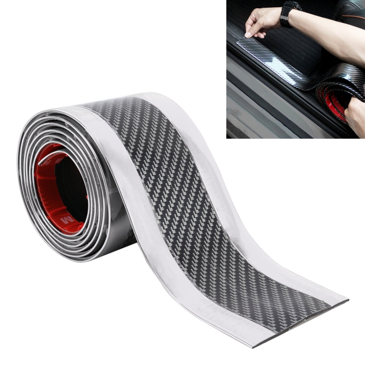 Silver carbon-fiber door threshold sticker strip with black weave pattern, rolled