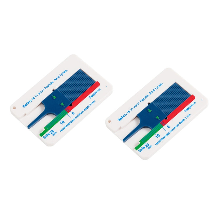 2-pack plastic tire tread depth gauges with blue measurement insert and multi-depth markings