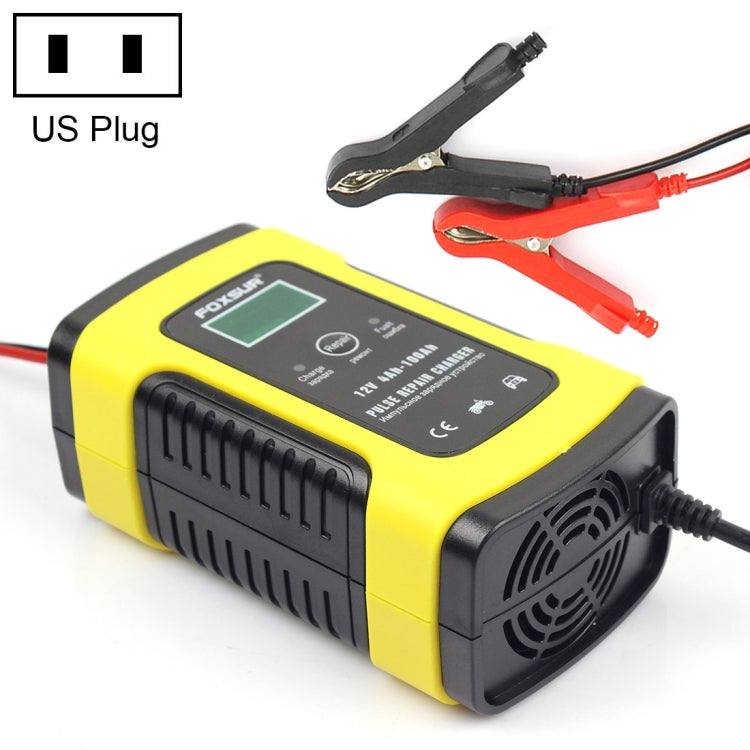 Yellow and black 12V battery charger with red/black clamps and charging cables