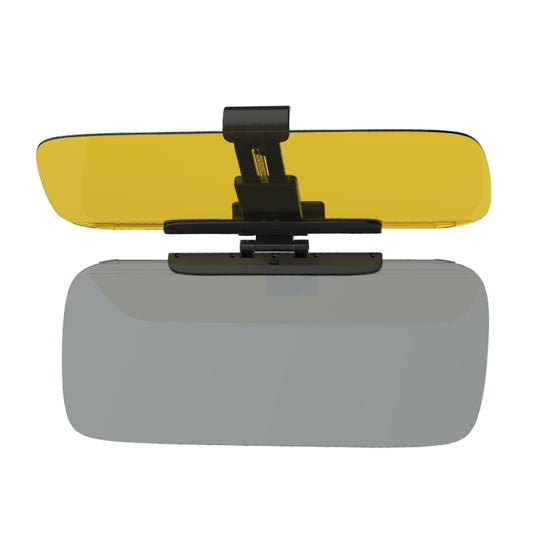 Anti-glare sun visor with yellow lens panel and central black bracket mount