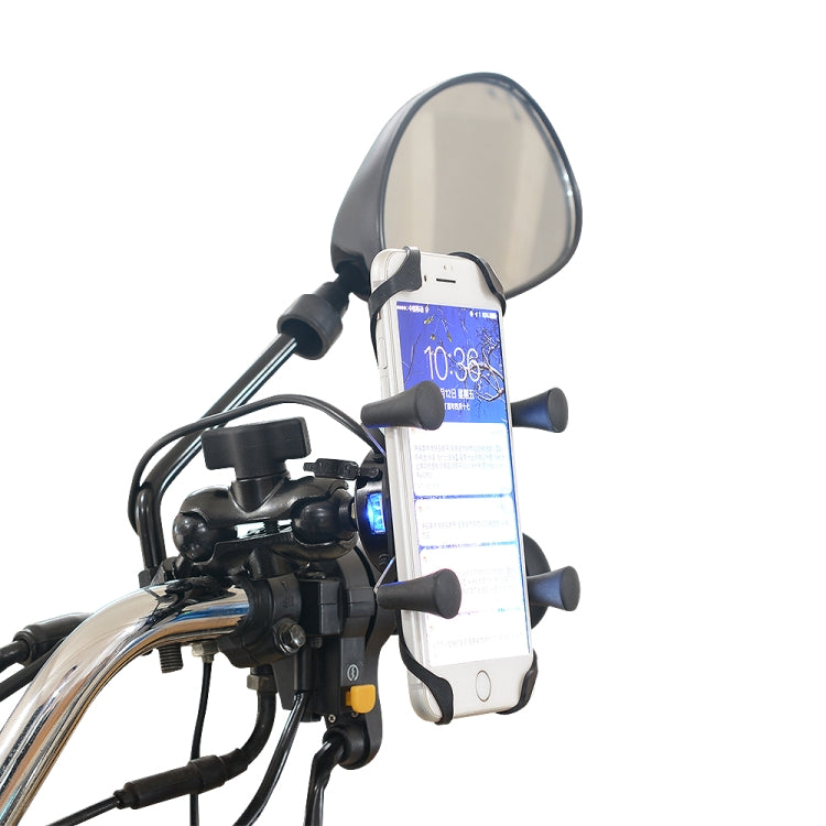 Motorcycle phone holder with illuminated screen fit, clamp arms and charging cradle