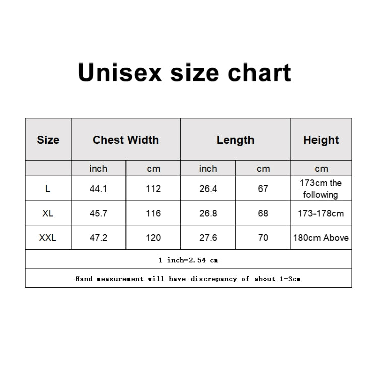 Unisex size chart with chest width and length for fluorescent reflective vest
