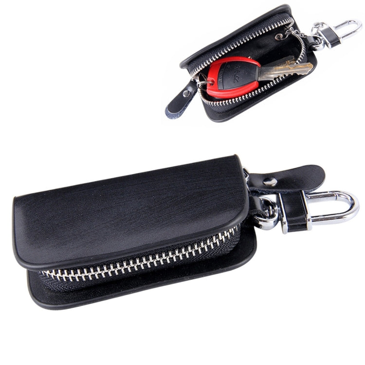 Black wood-grain leather zipper key wallet with metal carabiner clip and inner key.