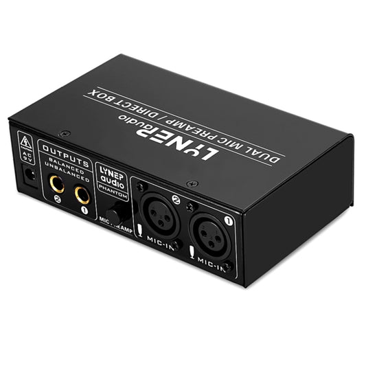 Dual mic preamp direct box rear panel with balanced outputs and two mic XLR inputs