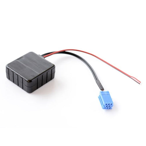 Bluetooth audio adapter module for car stereo, grey box with blue harness connector