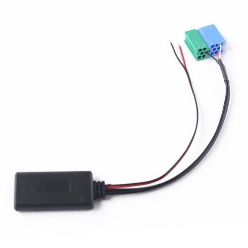 Bluetooth audio wiring harness close-up with black module and blue/green connectors