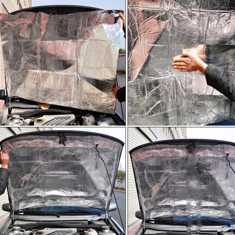 Car hood sound deadener mat pad installation, silver foil with hands