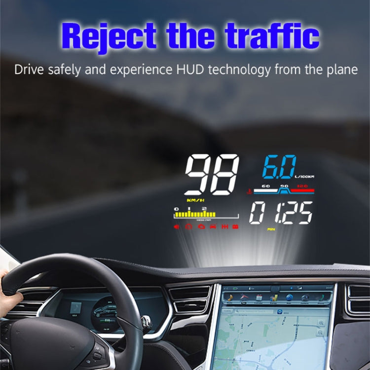 Windshield HUD overlay displaying speed and engine data while driving