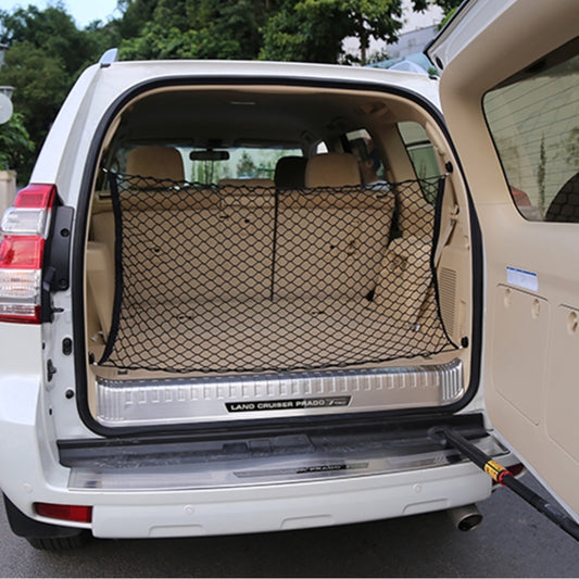 Black mesh trunk cargo organizer net with hooks for SUV or van rear door