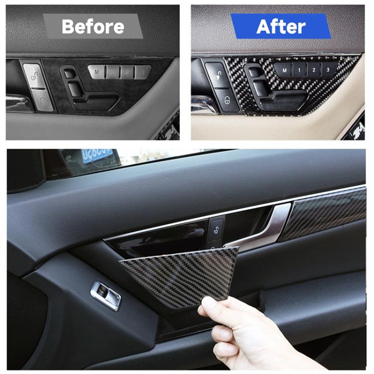 Carbon fiber-look seat adjustment frame stickers installed on car door control panel