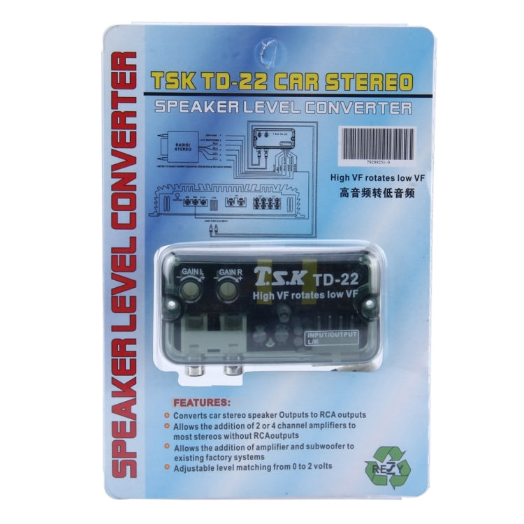 Retail package for TSK TD-22 car stereo speaker level converter with feature diagram