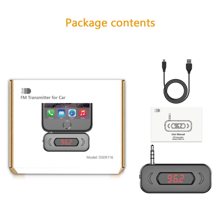 Boxed car FM transmitter kit with dark gray unit, 3.5mm plug and cable