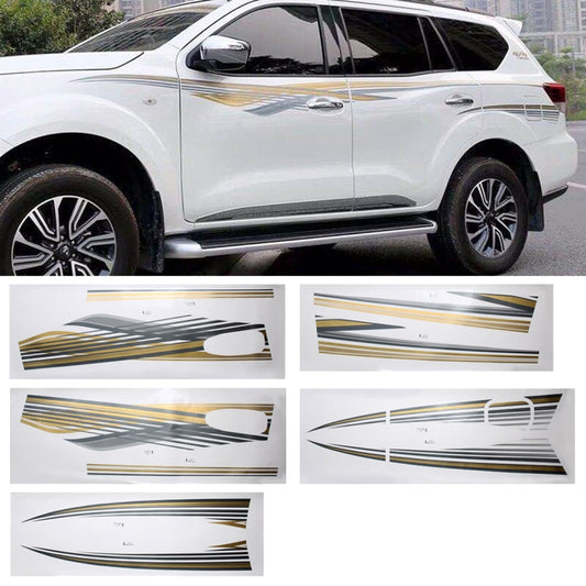 SUV side body decorative strip decals, gold and silver stripes with glossy accents