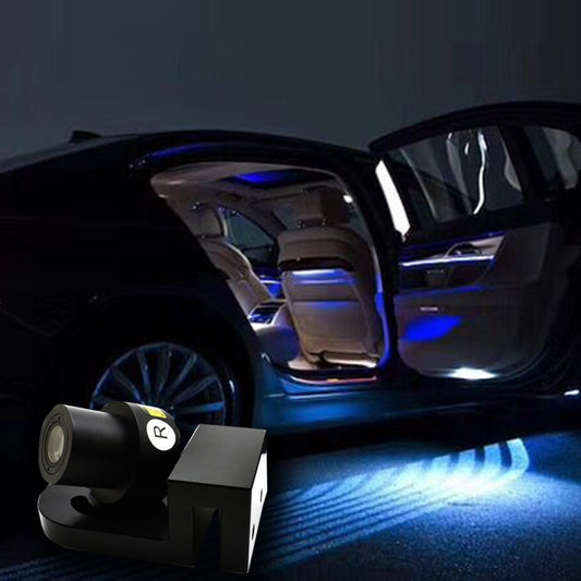 Car LED door welcome projection lights with blue wing beams, two black units