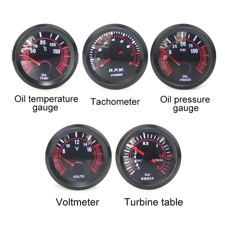 Oil pressure gauge dial shown among a multi-gauge set, black face with red PSI scale