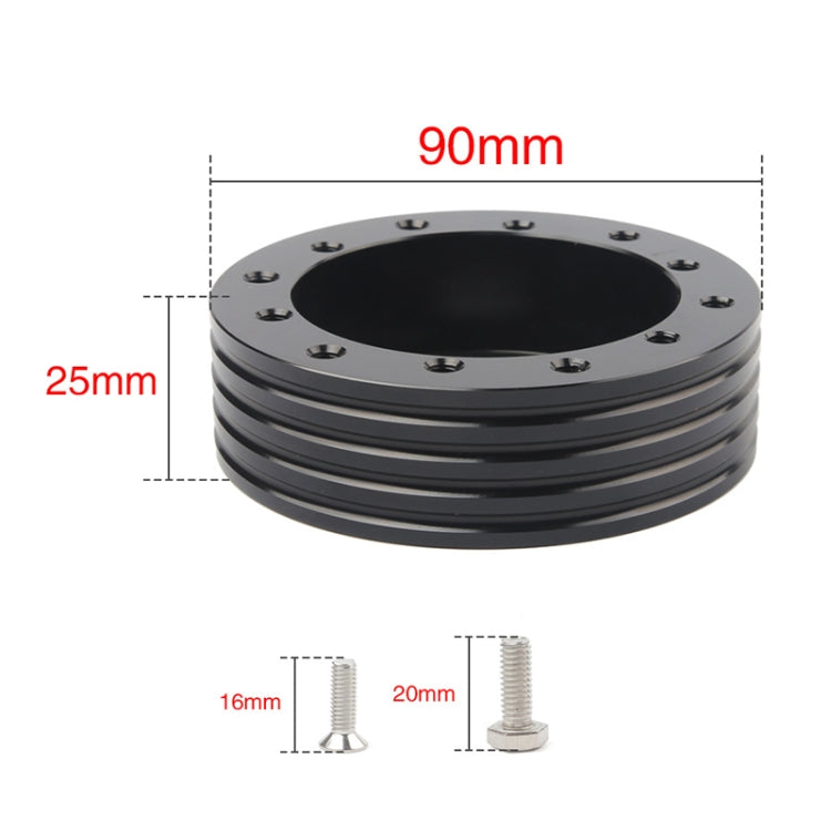 Black steering wheel spacer hub: 90mm diameter, 25mm height; bolts 16mm/20mm