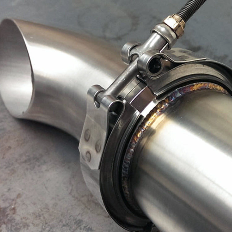 Installed v-band exhaust clamp with black gasket ring on 4-inch downpipe joint