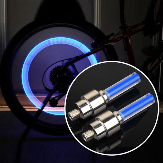 2-pack wheel tire LED valve lights with blue tube glow and chrome caps