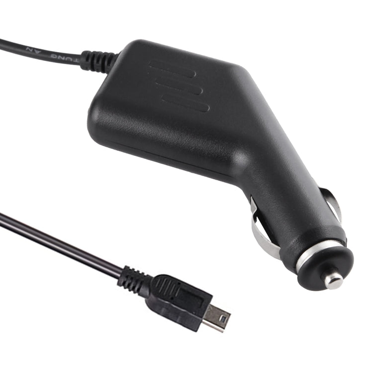 Black car charger adapter with mini USB cable end connected