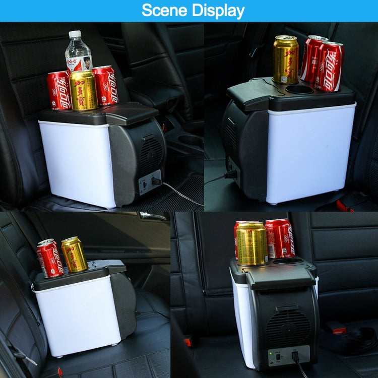 Portable cooler refrigerator in car seat setting with drinks cans; white body and black vents