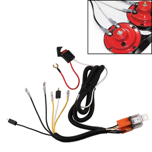 12V horn wiring relay harness kit with black wire loom, red lead, and orange relay module