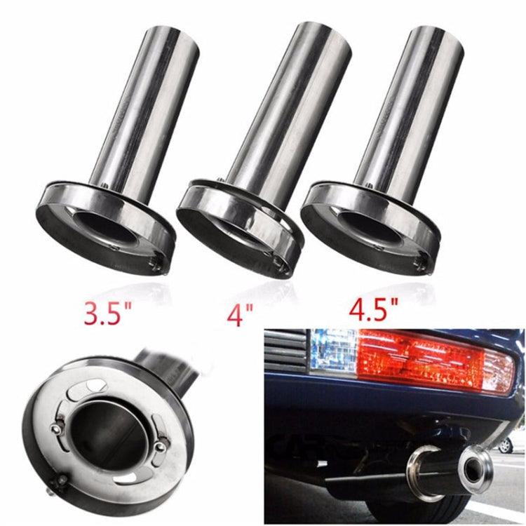 Multiple stainless steel exhaust muffler tips showing 3.5, 4, and 4.5 inch sizes