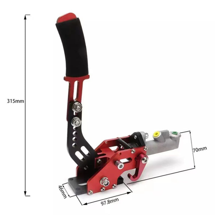 Hydraulic hand brake with red body, black handle grip, and mounting hardware, size shown