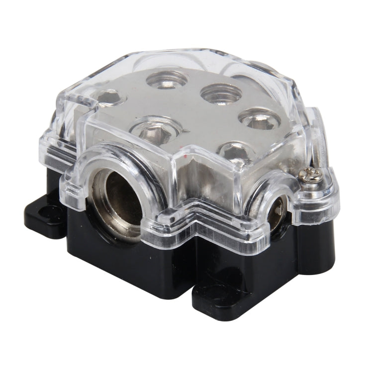 Car audio fuse holder power distribution block, clear cover, metal port and bracket tab
