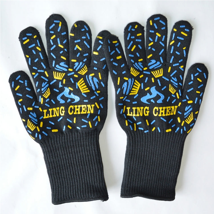 Silicone cotton cooking gloves with blue-and-yellow striped grip and ribbed black cuff
