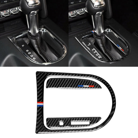 Carbon fiber look gearshift panel frame sticker with blue-red stripe, for left-drive.