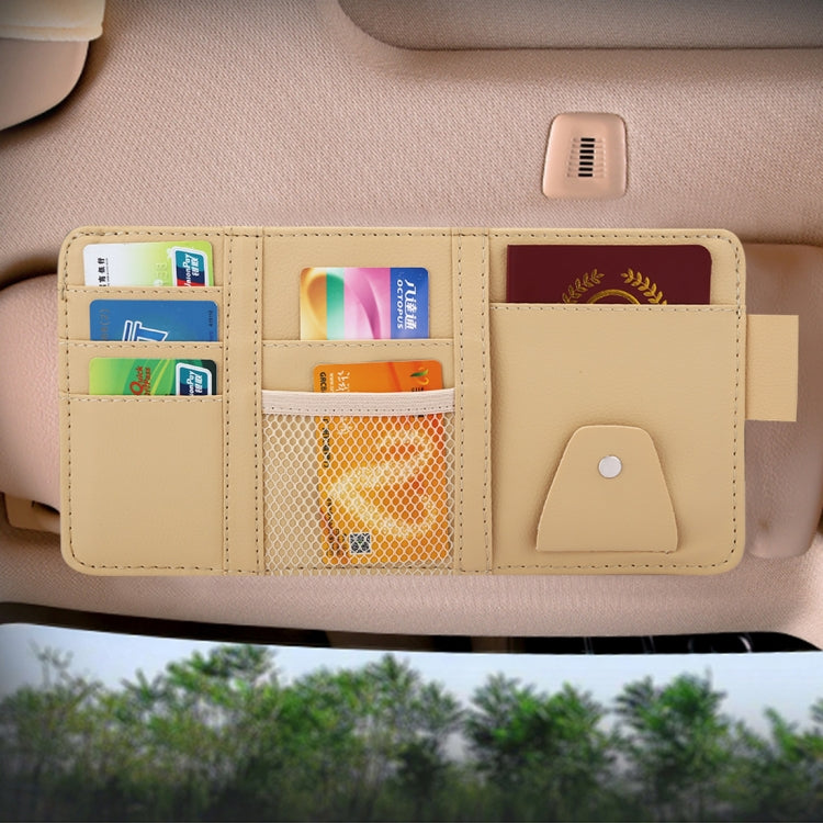 Yellow car sun visor organizer wallet with card slots, mesh pocket, and snap flap