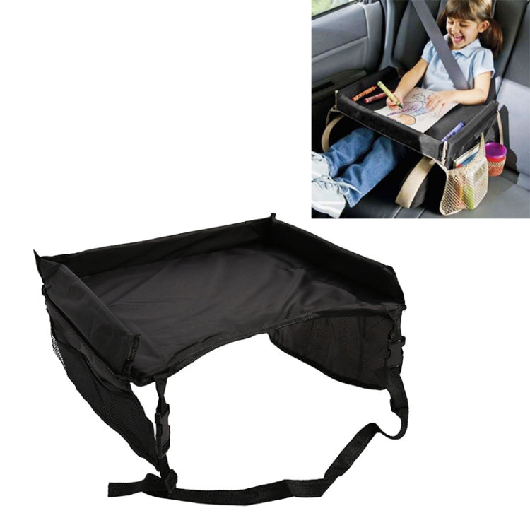 Baby stroller organizer activity tray in black with webbed straps and net pocket