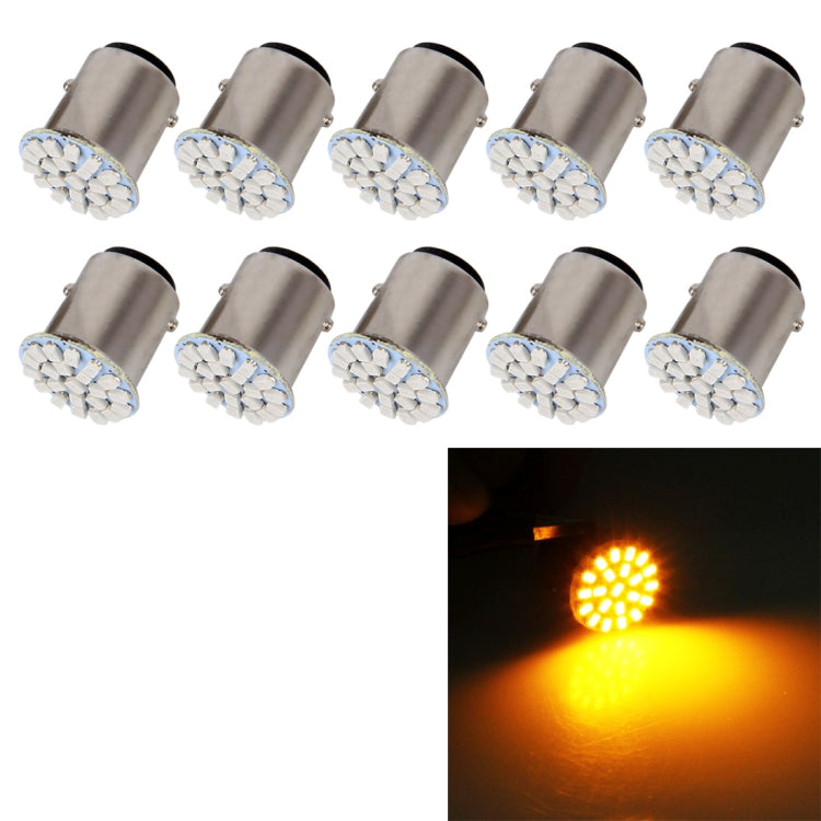 10-pack 1157 BAY15D LED bulbs, 22-LED, amber/yellow light glow, metal base.