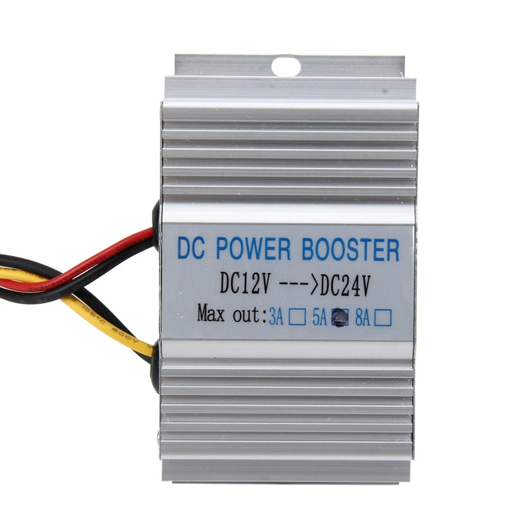 DC power booster converter labeled DC12V to DC24V with aluminum heatsink and wires