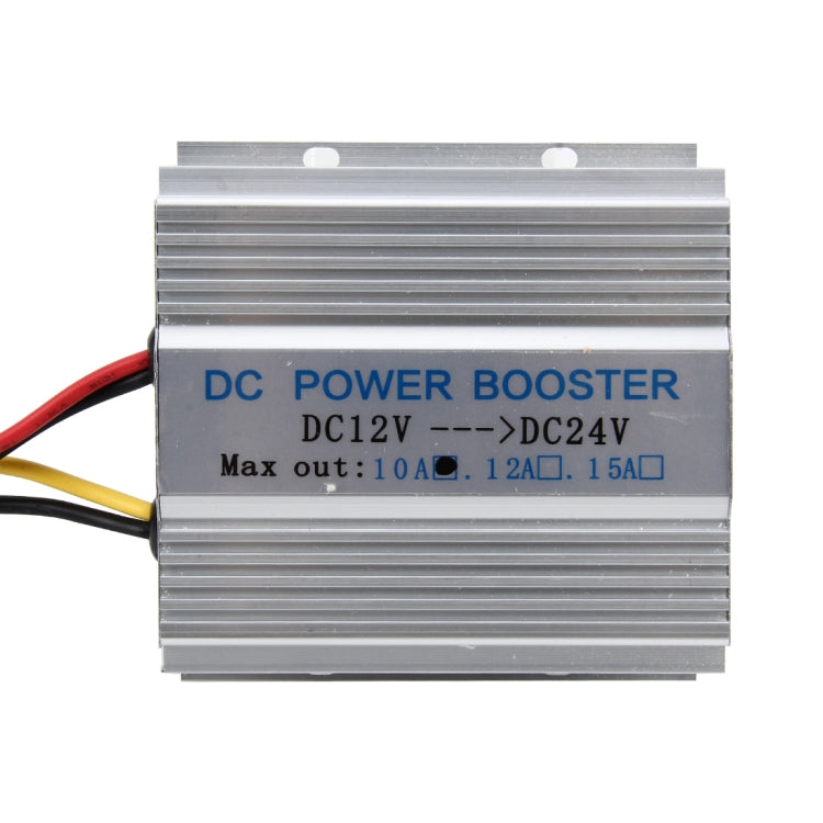 DC power booster converter labeled DC12V to DC24V, max 10A, silver aluminum housing