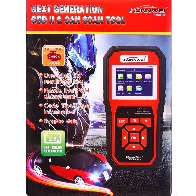KONNWEI KW850 OBDII & CAN scan tool retail package with device pictured