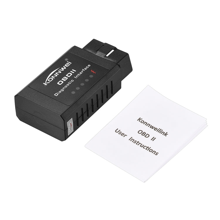 Black KONNWEI OBDII diagnostic scan adapter with user instructions card included