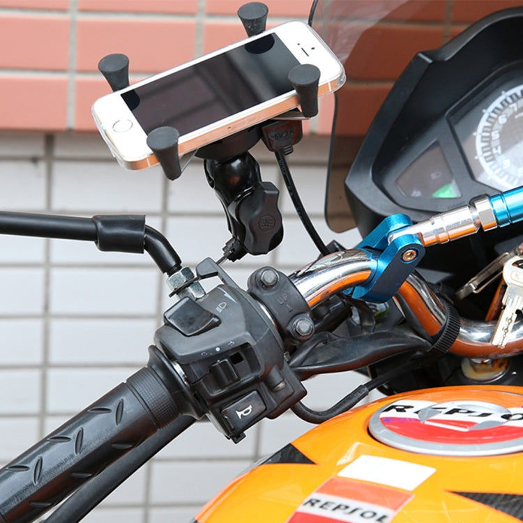Motorcycle USB phone charger with holder and mounted smartphone, black with blue trim