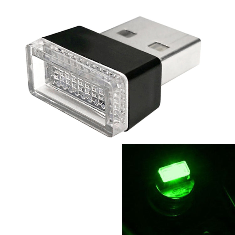 USB car LED emergency light with green glow, clear rectangular housing and USB plug