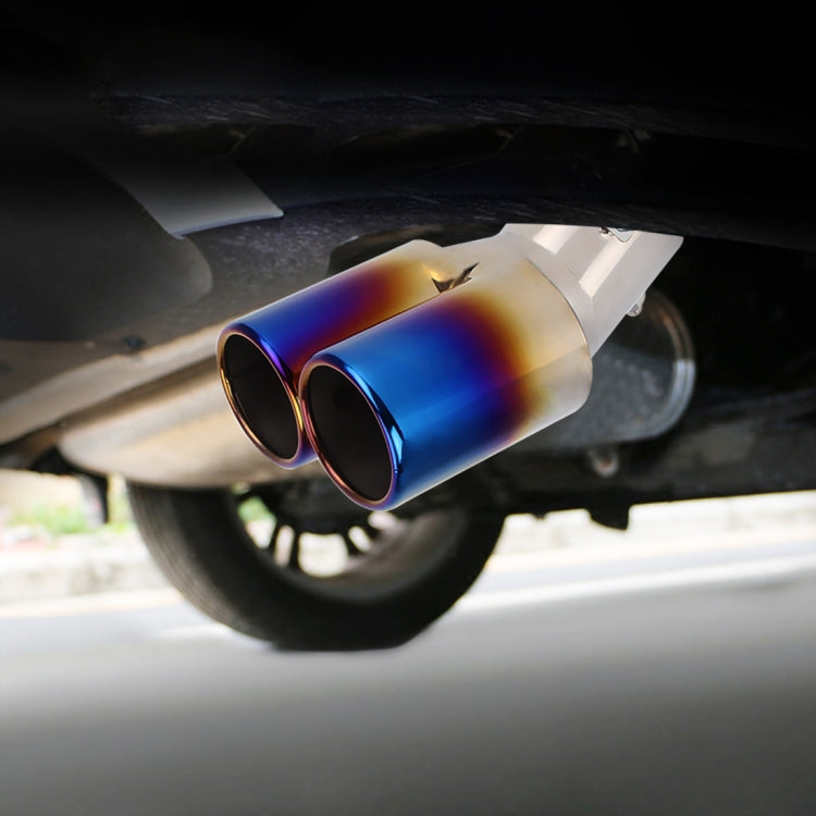 Curved double exhaust tip with blue stainless steel finish, dual round outlets