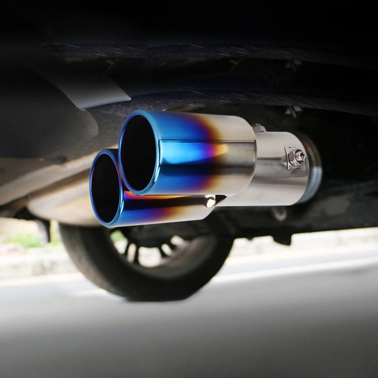 Straight double stainless steel exhaust muffler tip with blue chrome finish